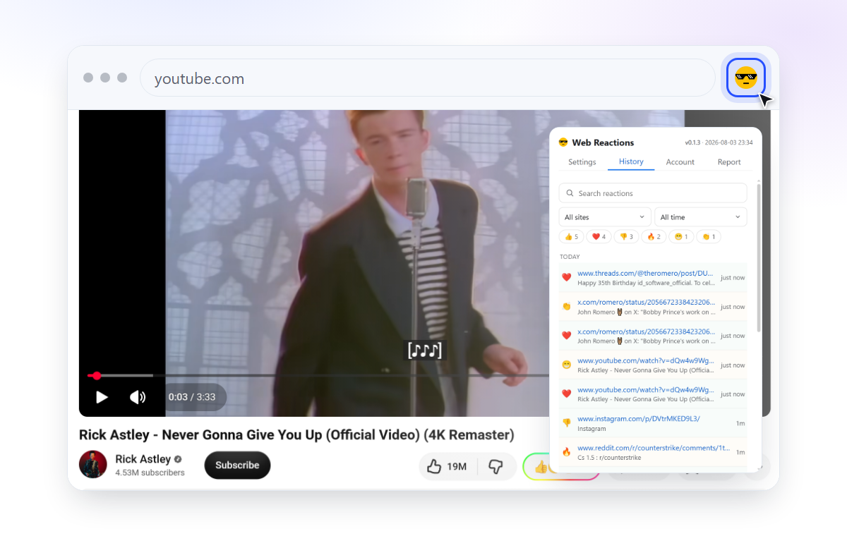 The Webemoji popup opened from the browser toolbar, showing your reaction history