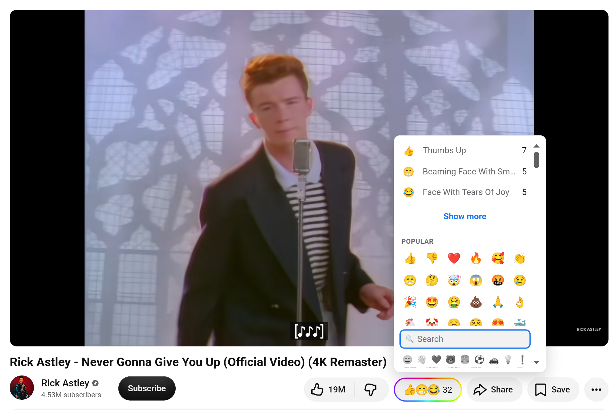 The Webemoji picker open on a YouTube video, listing the top reactions with counts