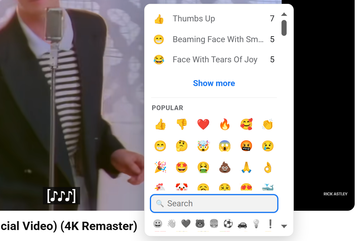 The open Webemoji picker zoomed in, showing the top reactions with their counts