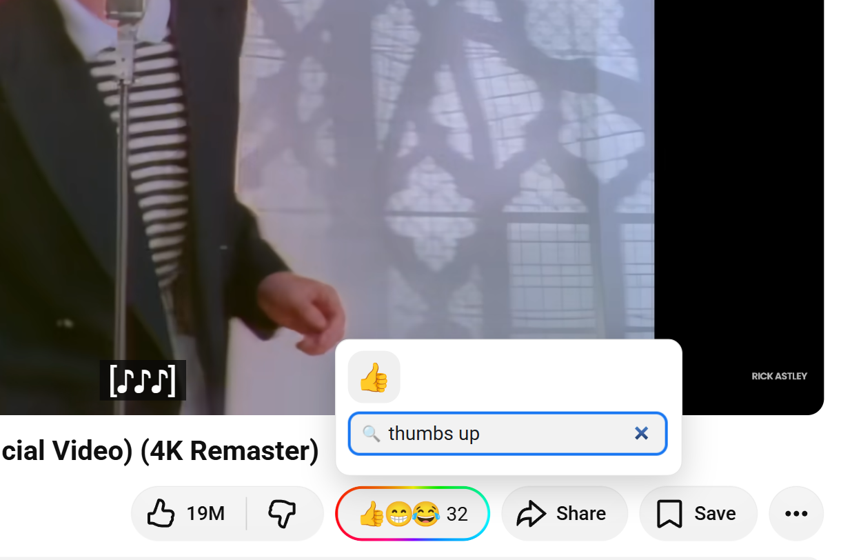 Searching the picker for “thumbs up” and hovering the 👍 reaction, about to add it