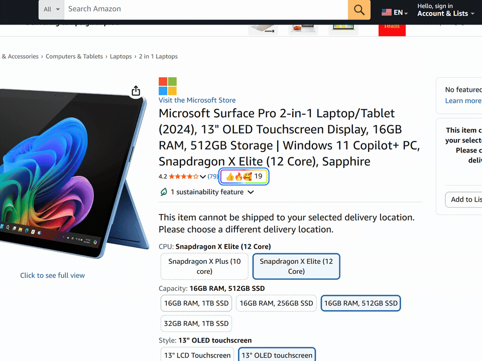 Animated demo of a Webemoji emoji picker beside an Amazon product rating block.