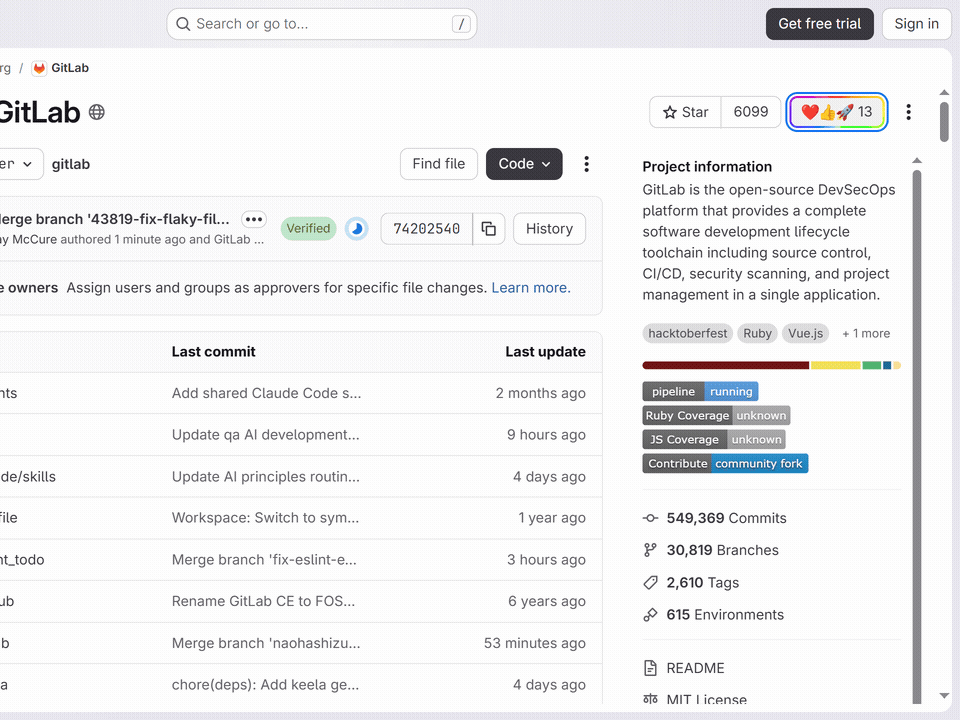 Animated demo of a Webemoji emoji picker beside a GitLab project action row.