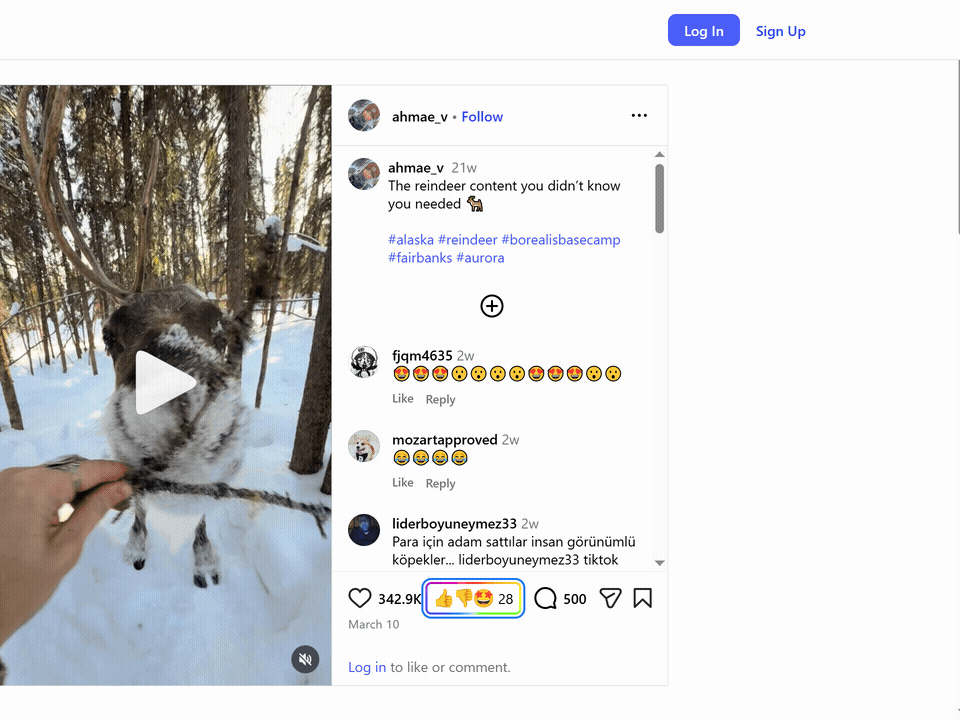 Animated demo of a Webemoji emoji picker beside an Instagram post's like and comment row.