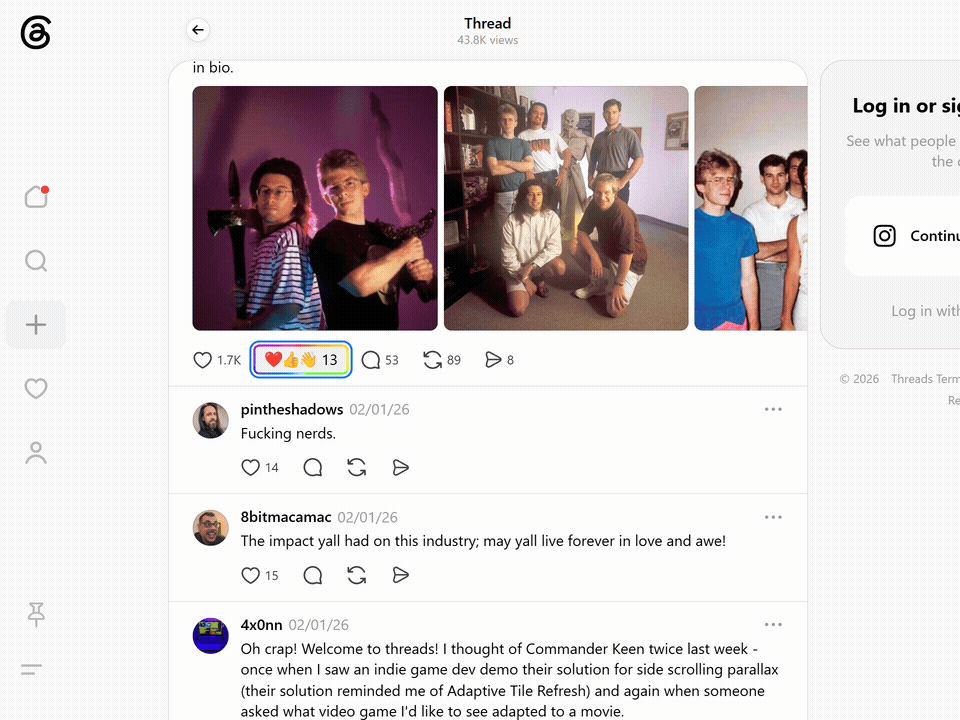 Animated demo of a Webemoji emoji picker beside a Threads post's like and reply row.