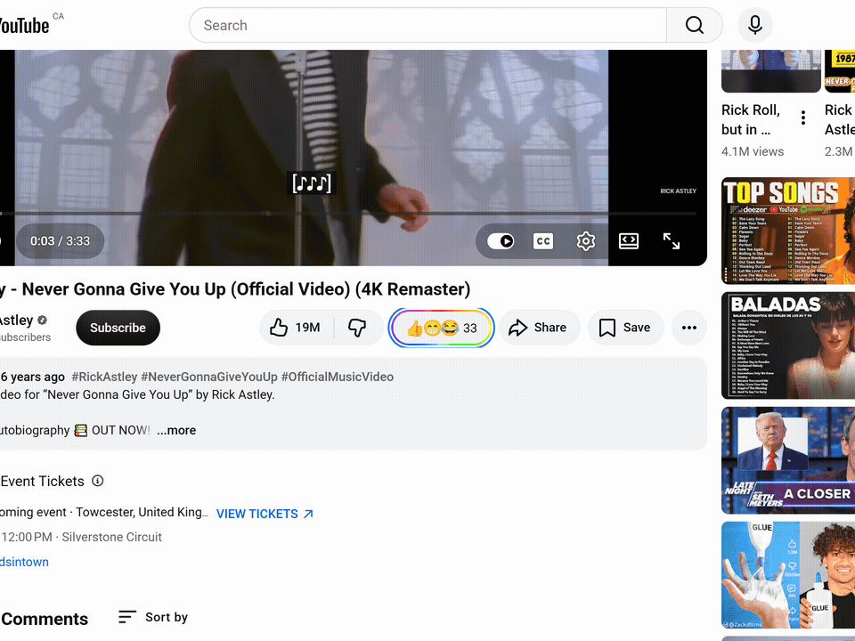 Webemoji adding an emoji reaction layer beside a YouTube video's like and share row